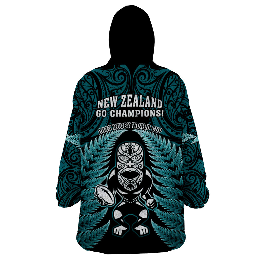 New Zealand Aotearoa Rugby Wearable Blanket Hoodie NZ Tiki With Maori Fern World Cup Turquoise Version - Wonder Print Shop