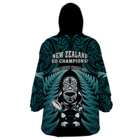 New Zealand Aotearoa Rugby Wearable Blanket Hoodie NZ Tiki With Maori Fern World Cup Turquoise Version - Wonder Print Shop
