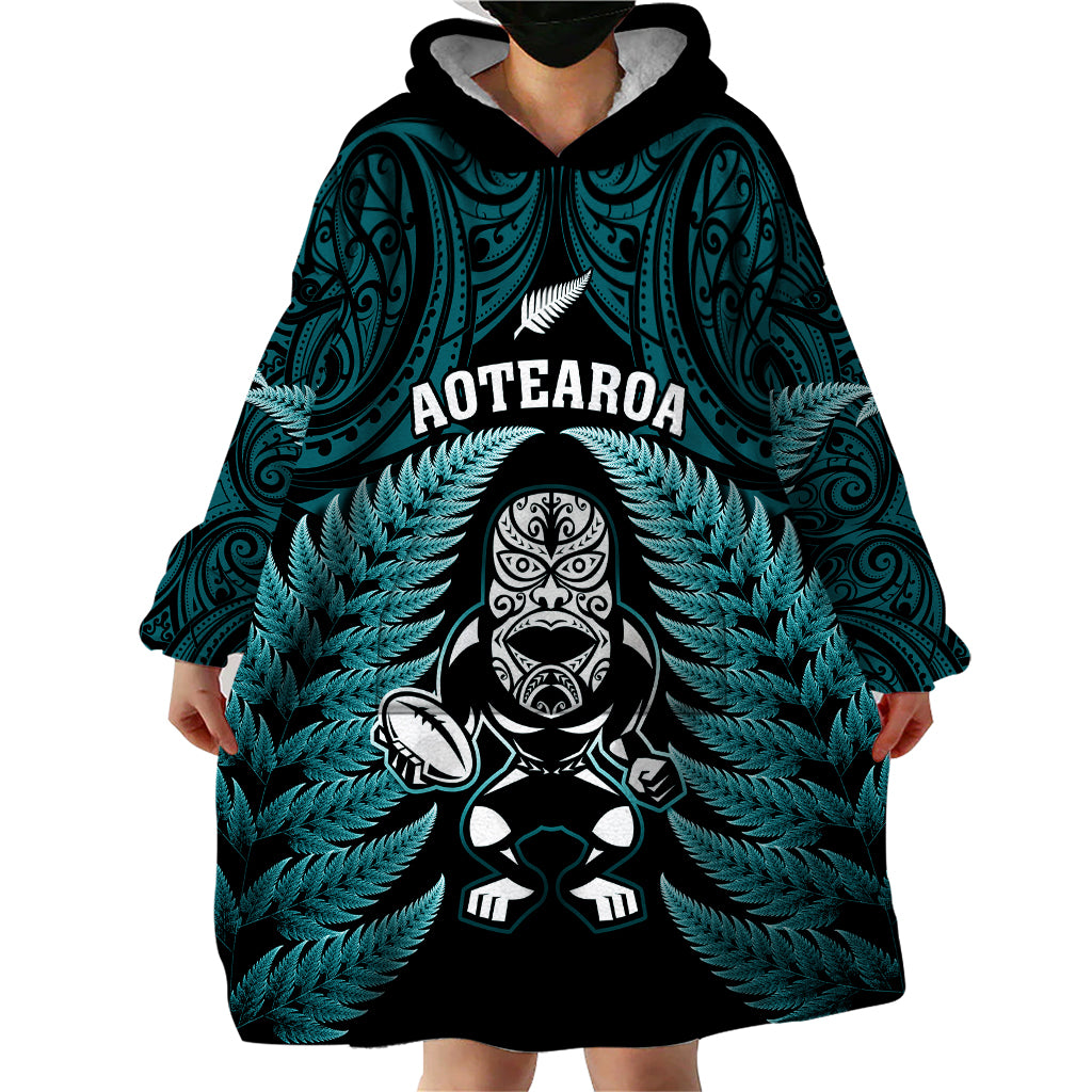 New Zealand Aotearoa Rugby Wearable Blanket Hoodie NZ Tiki With Maori Fern World Cup Turquoise Version - Wonder Print Shop