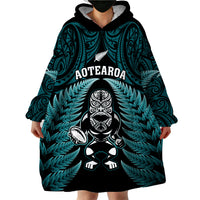 New Zealand Aotearoa Rugby Wearable Blanket Hoodie NZ Tiki With Maori Fern World Cup Turquoise Version - Wonder Print Shop