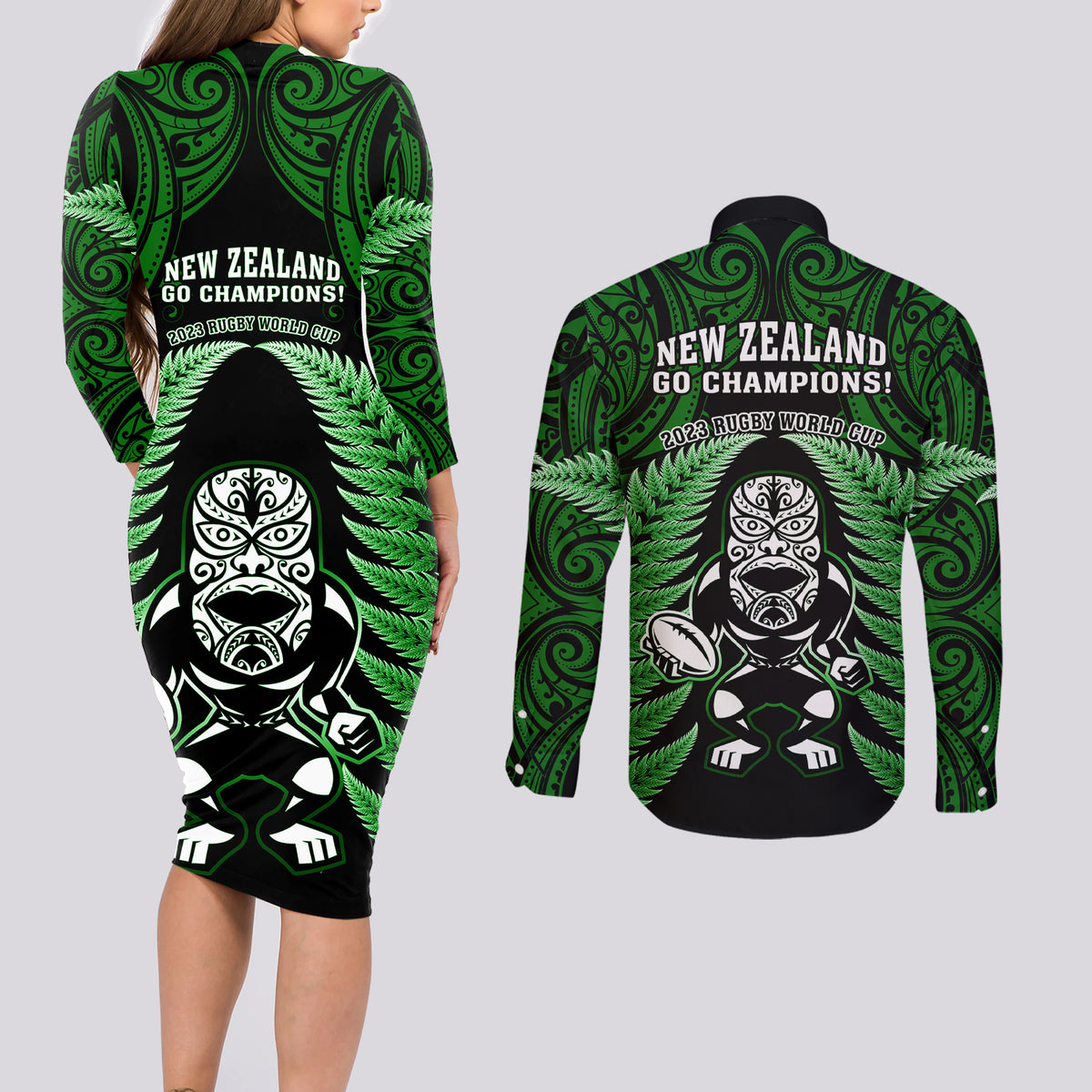 New Zealand Aotearoa Rugby Couples Matching Long Sleeve Bodycon Dress and Long Sleeve Button Shirts NZ Tiki With Maori Fern World Cup Green Version - Wonder Print Shop