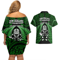 New Zealand Aotearoa Rugby Couples Matching Off Shoulder Short Dress and Hawaiian Shirt NZ Tiki With Maori Fern World Cup Green Version - Wonder Print Shop