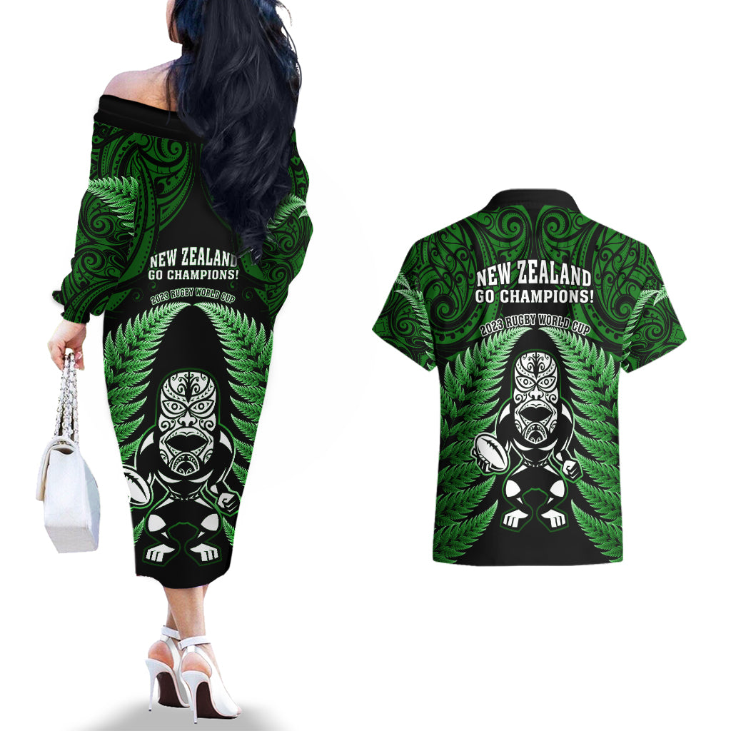 New Zealand Aotearoa Rugby Couples Matching Off The Shoulder Long Sleeve Dress and Hawaiian Shirt NZ Tiki With Maori Fern World Cup Green Version - Wonder Print Shop