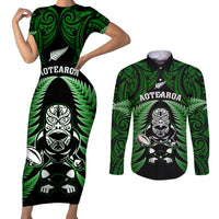 New Zealand Aotearoa Rugby Couples Matching Short Sleeve Bodycon Dress and Long Sleeve Button Shirts NZ Tiki With Maori Fern World Cup Green Version - Wonder Print Shop