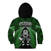 New Zealand Aotearoa Rugby Kid Hoodie NZ Tiki With Maori Fern World Cup Green Version - Wonder Print Shop