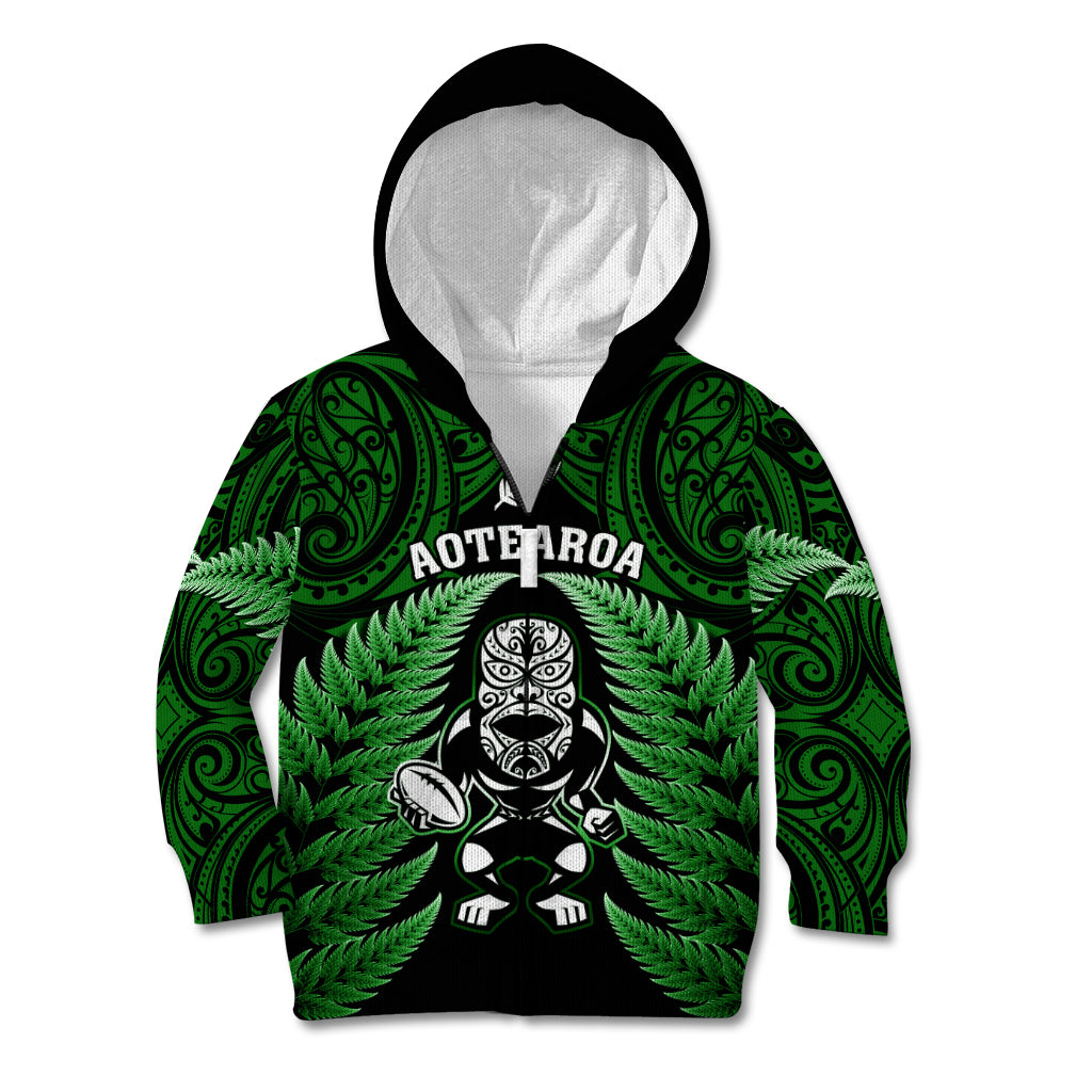 New Zealand Aotearoa Rugby Kid Hoodie NZ Tiki With Maori Fern World Cup Green Version - Wonder Print Shop