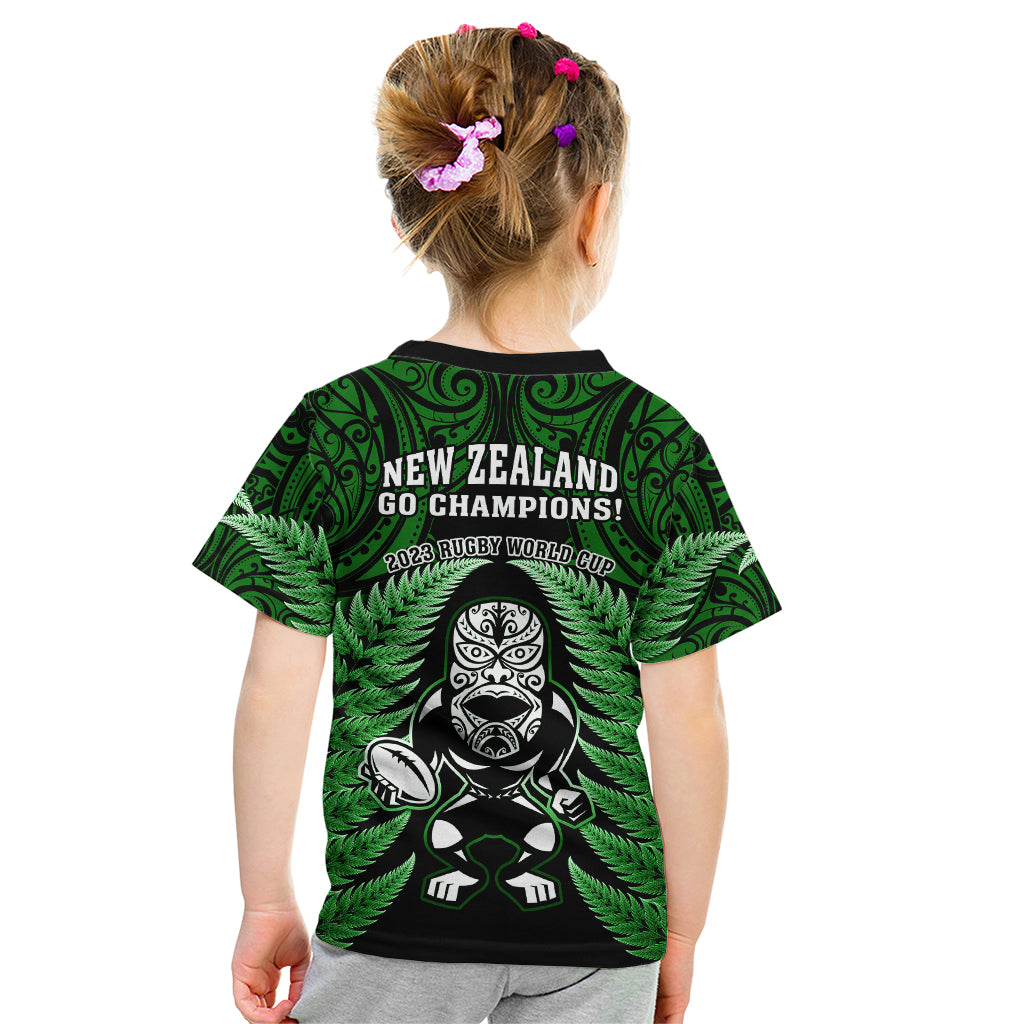 New Zealand Aotearoa Rugby Kid T Shirt NZ Tiki With Maori Fern World Cup Green Version - Wonder Print Shop