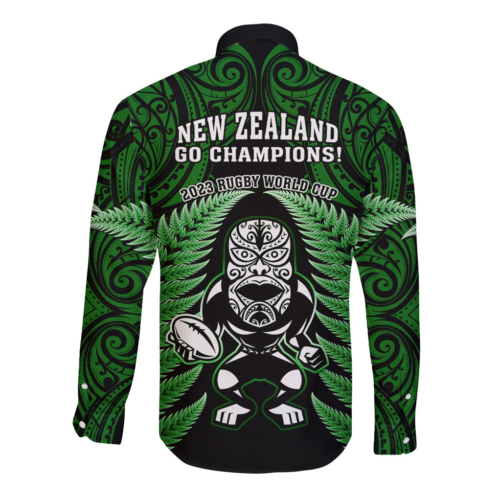 New Zealand Aotearoa Rugby Long Sleeve Button Shirt NZ Tiki With Maori Fern World Cup Green Version - Wonder Print Shop