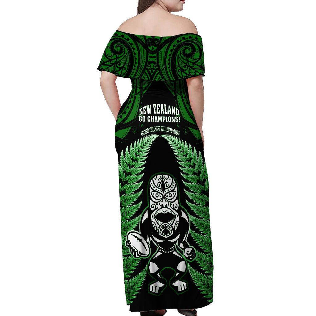 New Zealand Aotearoa Rugby Off Shoulder Maxi Dress NZ Tiki With Maori Fern World Cup Green Version - Wonder Print Shop