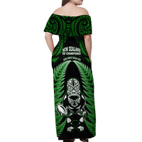New Zealand Aotearoa Rugby Off Shoulder Maxi Dress NZ Tiki With Maori Fern World Cup Green Version - Wonder Print Shop