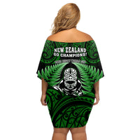 New Zealand Aotearoa Rugby Off Shoulder Short Dress NZ Tiki With Maori Fern World Cup Green Version - Wonder Print Shop