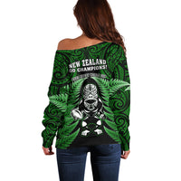 New Zealand Aotearoa Rugby Off Shoulder Sweater NZ Tiki With Maori Fern World Cup Green Version - Wonder Print Shop