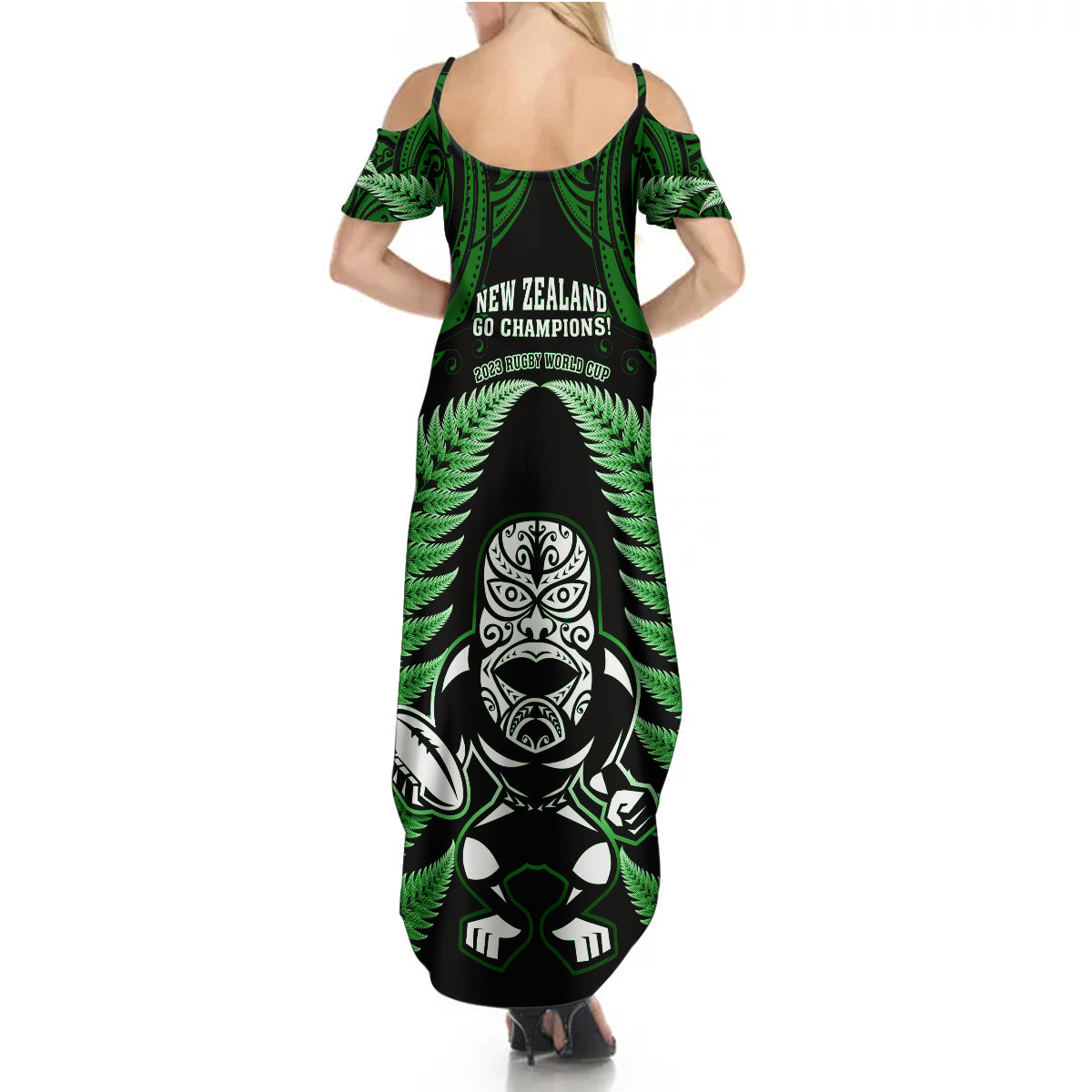 New Zealand Aotearoa Rugby Summer Maxi Dress NZ Tiki With Maori Fern World Cup Green Version - Wonder Print Shop