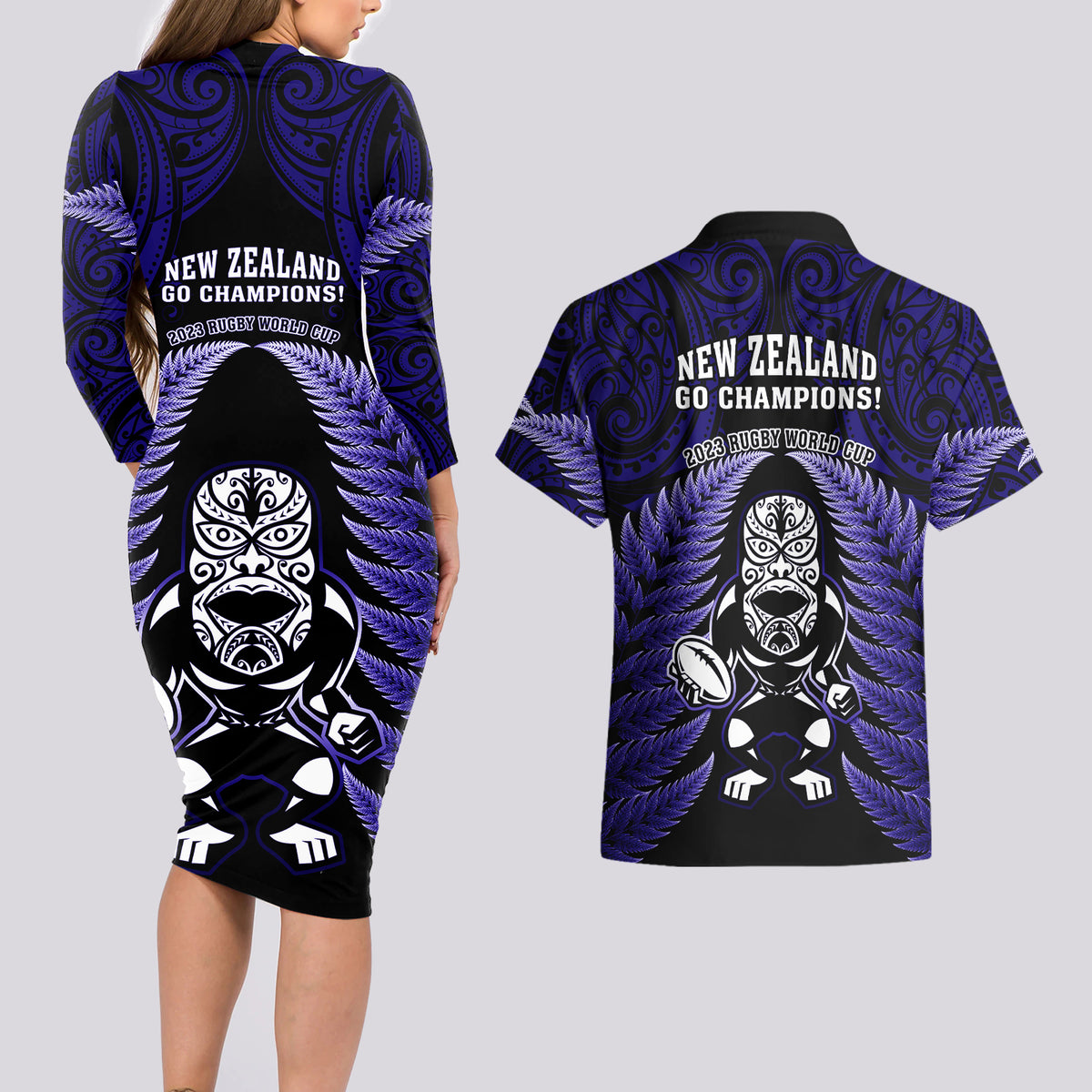 New Zealand Aotearoa Rugby Couples Matching Long Sleeve Bodycon Dress and Hawaiian Shirt NZ Tiki With Maori Fern World Cup Blue Version - Wonder Print Shop
