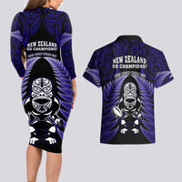 New Zealand Aotearoa Rugby Couples Matching Long Sleeve Bodycon Dress and Hawaiian Shirt NZ Tiki With Maori Fern World Cup Blue Version - Wonder Print Shop