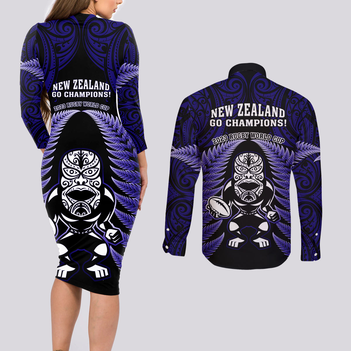 New Zealand Aotearoa Rugby Couples Matching Long Sleeve Bodycon Dress and Long Sleeve Button Shirts NZ Tiki With Maori Fern World Cup Blue Version - Wonder Print Shop