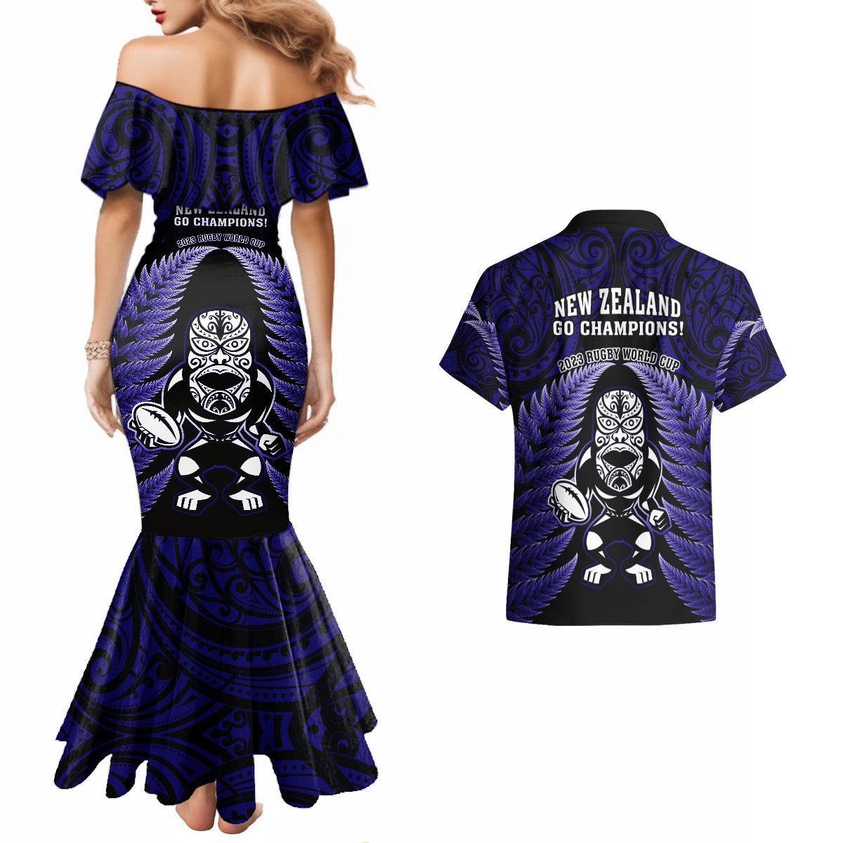 New Zealand Aotearoa Rugby Couples Matching Mermaid Dress and Hawaiian Shirt NZ Tiki With Maori Fern World Cup Blue Version - Wonder Print Shop