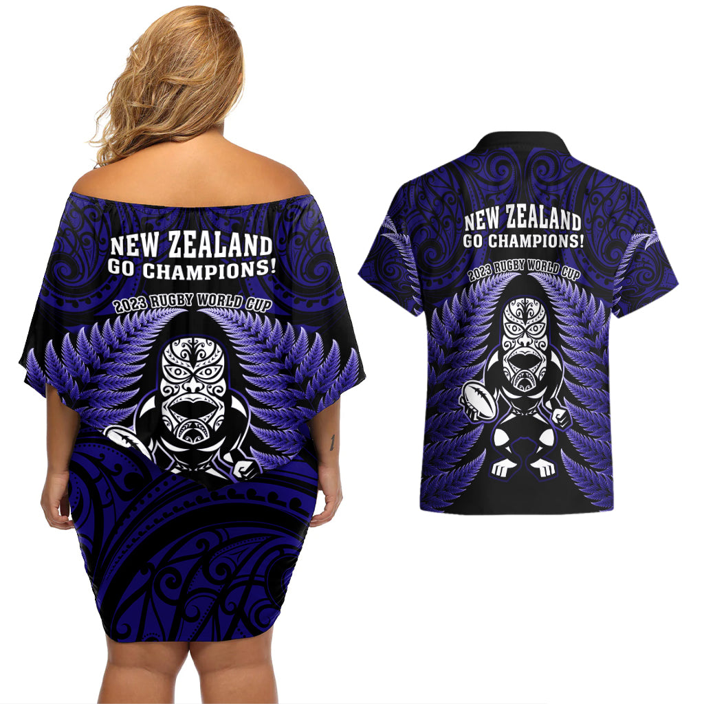 New Zealand Aotearoa Rugby Couples Matching Off Shoulder Short Dress and Hawaiian Shirt NZ Tiki With Maori Fern World Cup Blue Version - Wonder Print Shop