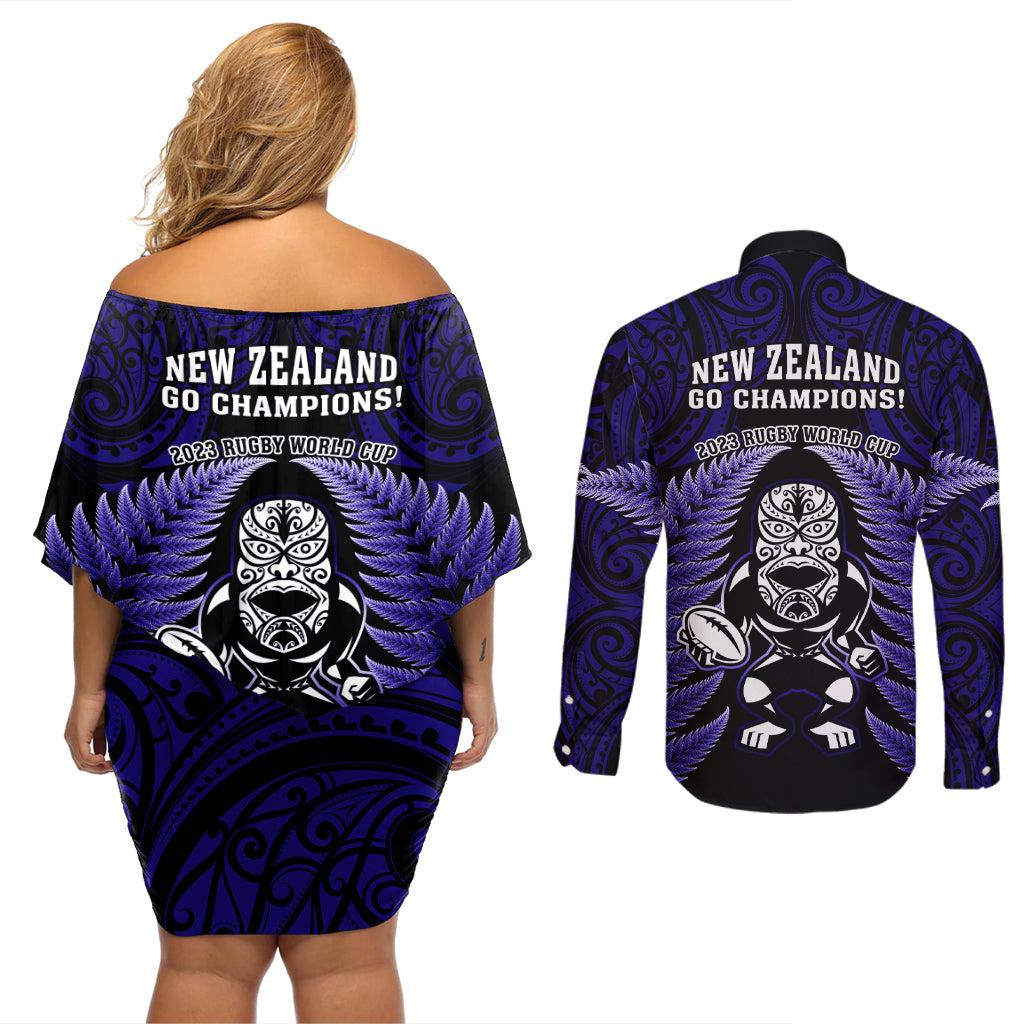 New Zealand Aotearoa Rugby Couples Matching Off Shoulder Short Dress and Long Sleeve Button Shirts NZ Tiki With Maori Fern World Cup Blue Version - Wonder Print Shop
