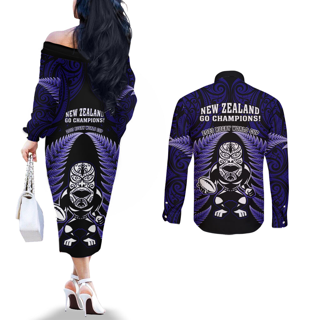 new-zealand-aotearoa-rugby-couples-matching-off-the-shoulder-long-sleeve-dress-and-long-sleeve-button-shirts-nz-tiki-with-maori-fern-world-cup-blue-version