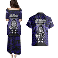 New Zealand Aotearoa Rugby Couples Matching Puletasi Dress and Hawaiian Shirt NZ Tiki With Maori Fern World Cup Blue Version - Wonder Print Shop