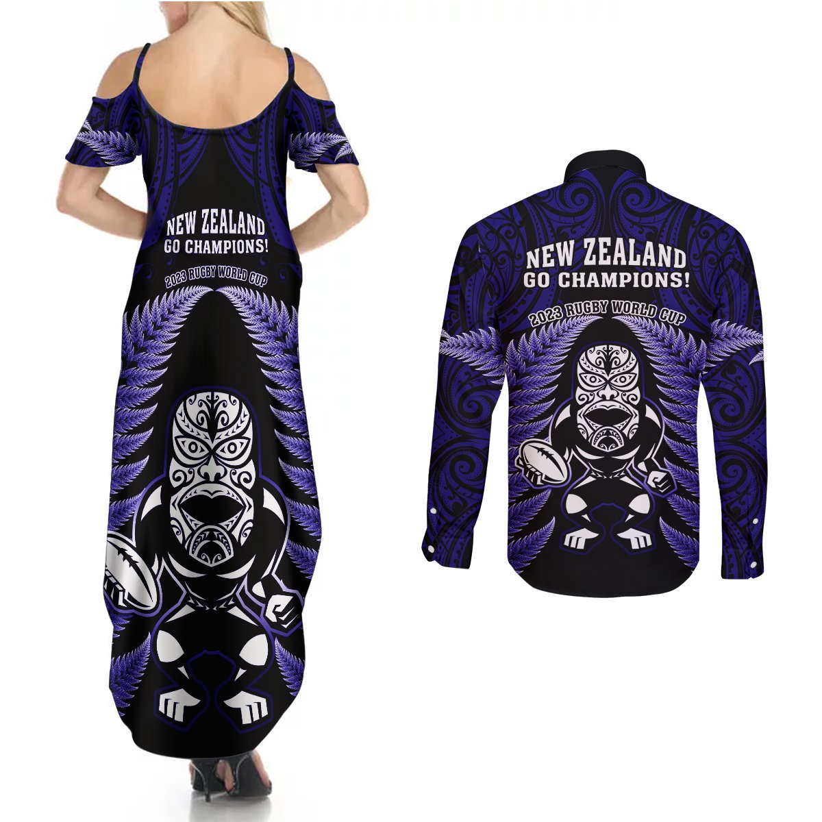 New Zealand Aotearoa Rugby Couples Matching Summer Maxi Dress and Long Sleeve Button Shirts NZ Tiki With Maori Fern World Cup Blue Version - Wonder Print Shop