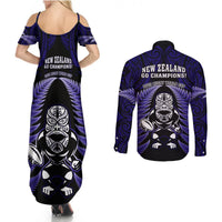 New Zealand Aotearoa Rugby Couples Matching Summer Maxi Dress and Long Sleeve Button Shirts NZ Tiki With Maori Fern World Cup Blue Version - Wonder Print Shop