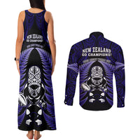 New Zealand Aotearoa Rugby Couples Matching Tank Maxi Dress and Long Sleeve Button Shirts NZ Tiki With Maori Fern World Cup Blue Version - Wonder Print Shop