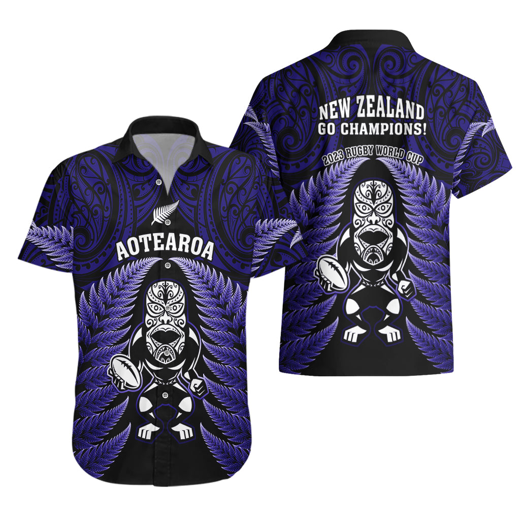 New Zealand Aotearoa Rugby Hawaiian Shirt NZ Tiki With Maori Fern World Cup Blue Version - Wonder Print Shop