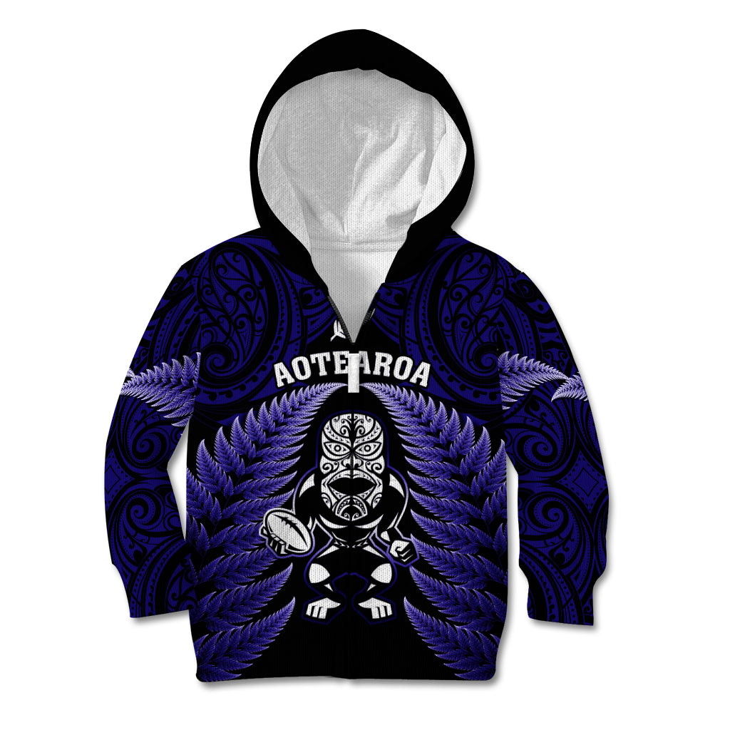 New Zealand Aotearoa Rugby Kid Hoodie NZ Tiki With Maori Fern World Cup Blue Version - Wonder Print Shop