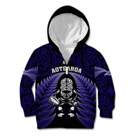 New Zealand Aotearoa Rugby Kid Hoodie NZ Tiki With Maori Fern World Cup Blue Version - Wonder Print Shop