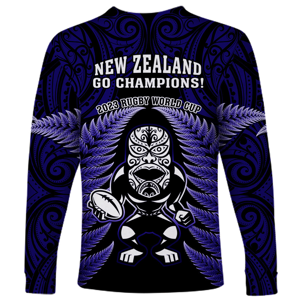 New Zealand Aotearoa Rugby Long Sleeve Shirt NZ Tiki With Maori Fern World Cup Blue Version - Wonder Print Shop