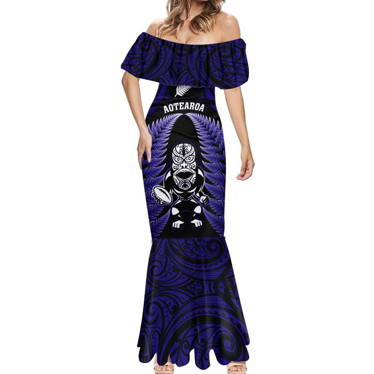 New Zealand Aotearoa Rugby Mermaid Dress NZ Tiki With Maori Fern World Cup Blue Version - Wonder Print Shop