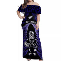 New Zealand Aotearoa Rugby Off Shoulder Maxi Dress NZ Tiki With Maori Fern World Cup Blue Version - Wonder Print Shop
