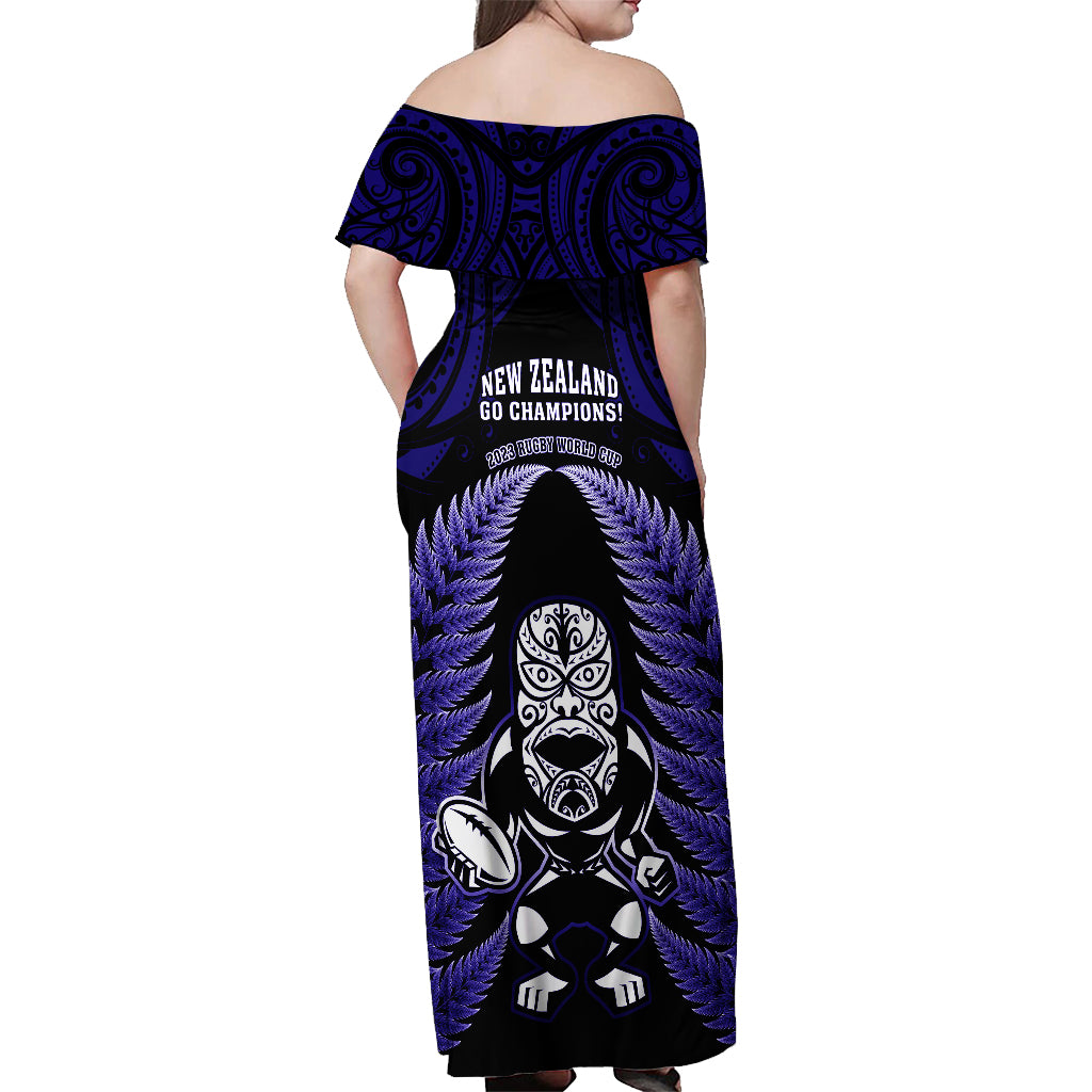 New Zealand Aotearoa Rugby Off Shoulder Maxi Dress NZ Tiki With Maori Fern World Cup Blue Version - Wonder Print Shop