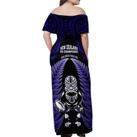 New Zealand Aotearoa Rugby Off Shoulder Maxi Dress NZ Tiki With Maori Fern World Cup Blue Version - Wonder Print Shop