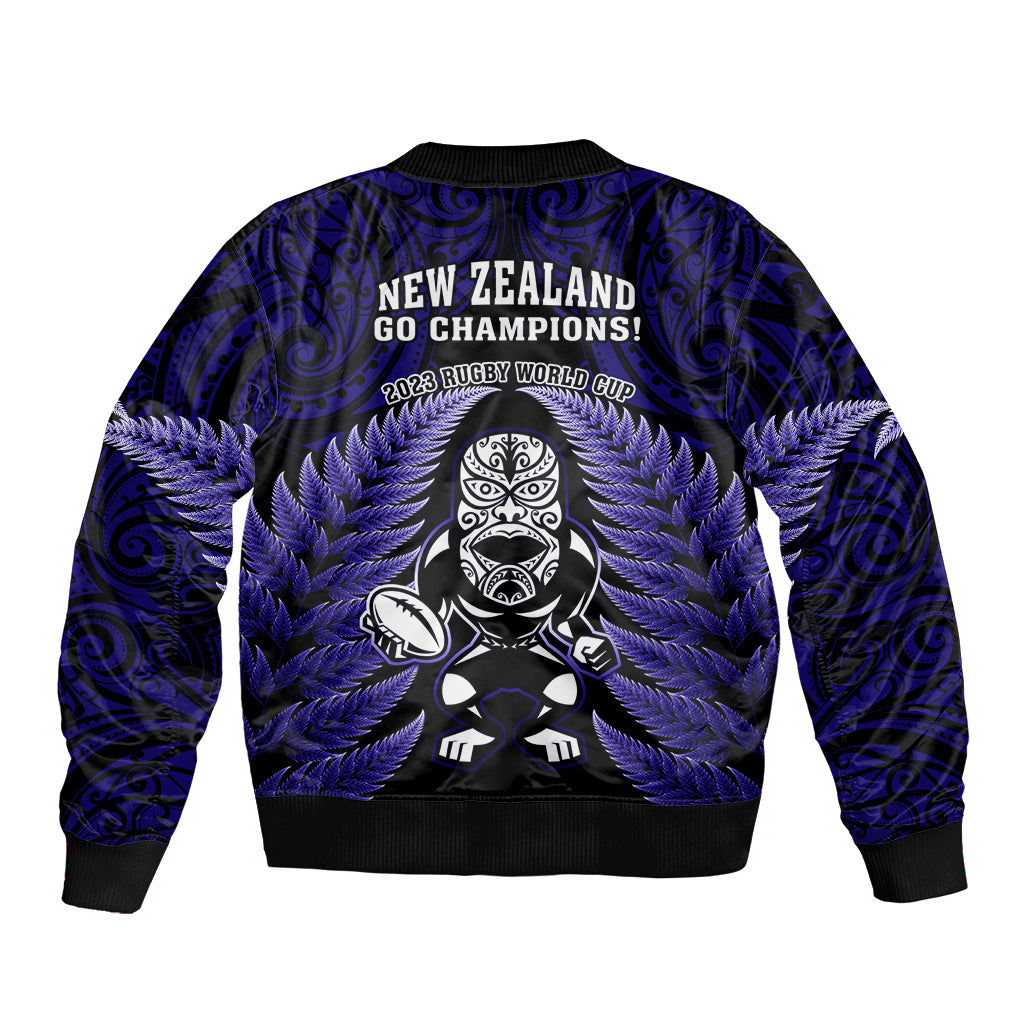 New Zealand Aotearoa Rugby Sleeve Zip Bomber Jacket NZ Tiki With Maori Fern World Cup Blue Version - Wonder Print Shop