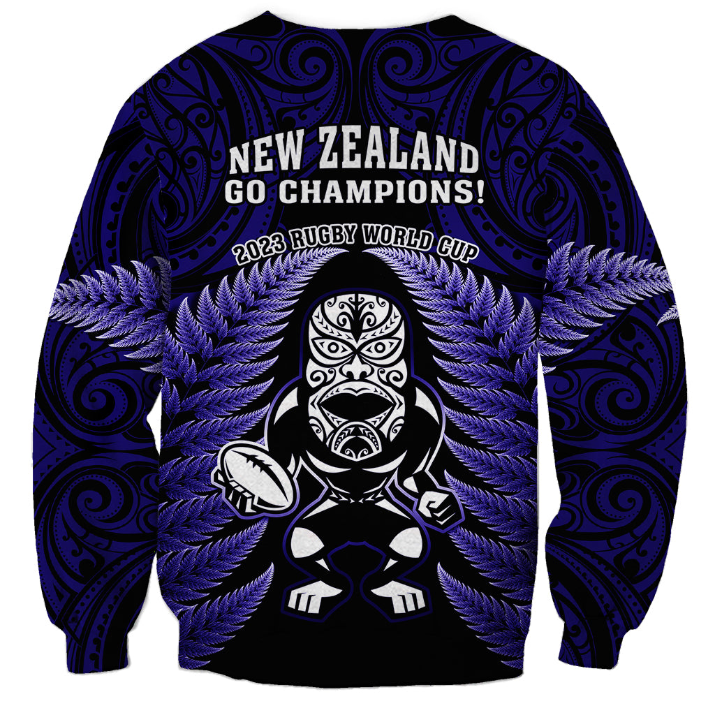 New Zealand Aotearoa Rugby Sweatshirt NZ Tiki With Maori Fern World Cup Blue Version - Wonder Print Shop
