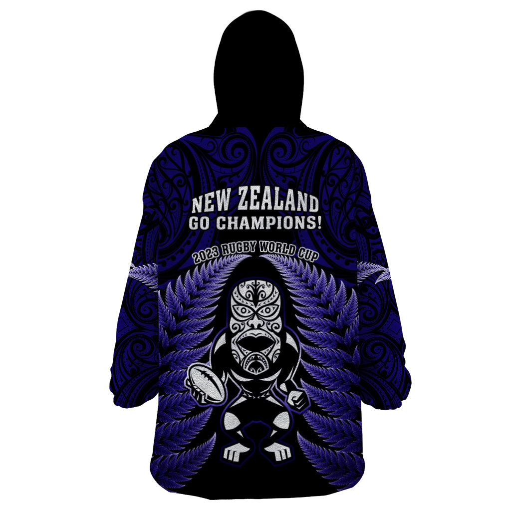 New Zealand Aotearoa Rugby Wearable Blanket Hoodie NZ Tiki With Maori Fern World Cup Blue Version - Wonder Print Shop
