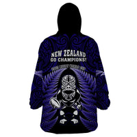 New Zealand Aotearoa Rugby Wearable Blanket Hoodie NZ Tiki With Maori Fern World Cup Blue Version - Wonder Print Shop