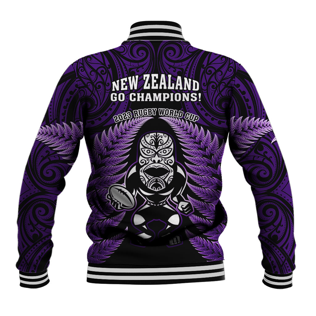 New Zealand Aotearoa Rugby Baseball Jacket NZ Tiki With Maori Fern World Cup Purple Version - Wonder Print Shop