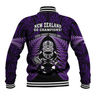 New Zealand Aotearoa Rugby Baseball Jacket NZ Tiki With Maori Fern World Cup Purple Version - Wonder Print Shop