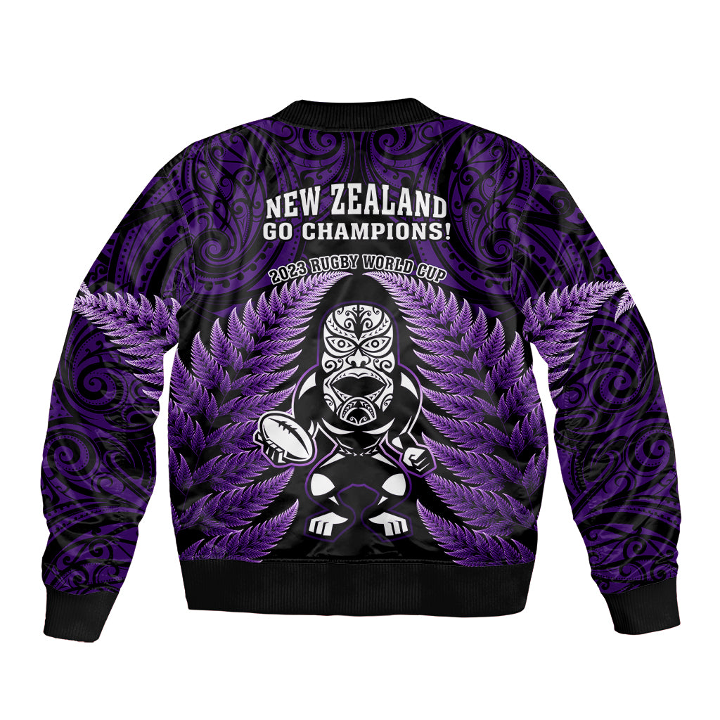 New Zealand Aotearoa Rugby Bomber Jacket NZ Tiki With Maori Fern World Cup Purple Version - Wonder Print Shop