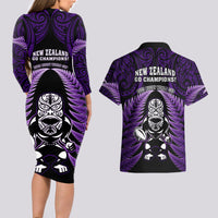 New Zealand Aotearoa Rugby Couples Matching Long Sleeve Bodycon Dress and Hawaiian Shirt NZ Tiki With Maori Fern World Cup Purple Version - Wonder Print Shop
