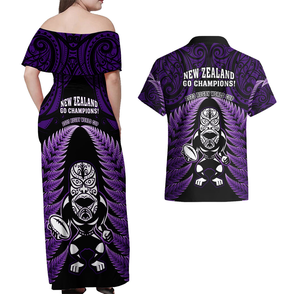 New Zealand Aotearoa Rugby Couples Matching Off Shoulder Maxi Dress and Hawaiian Shirt NZ Tiki With Maori Fern World Cup Purple Version - Wonder Print Shop