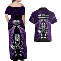 New Zealand Aotearoa Rugby Couples Matching Off Shoulder Maxi Dress and Hawaiian Shirt NZ Tiki With Maori Fern World Cup Purple Version - Wonder Print Shop