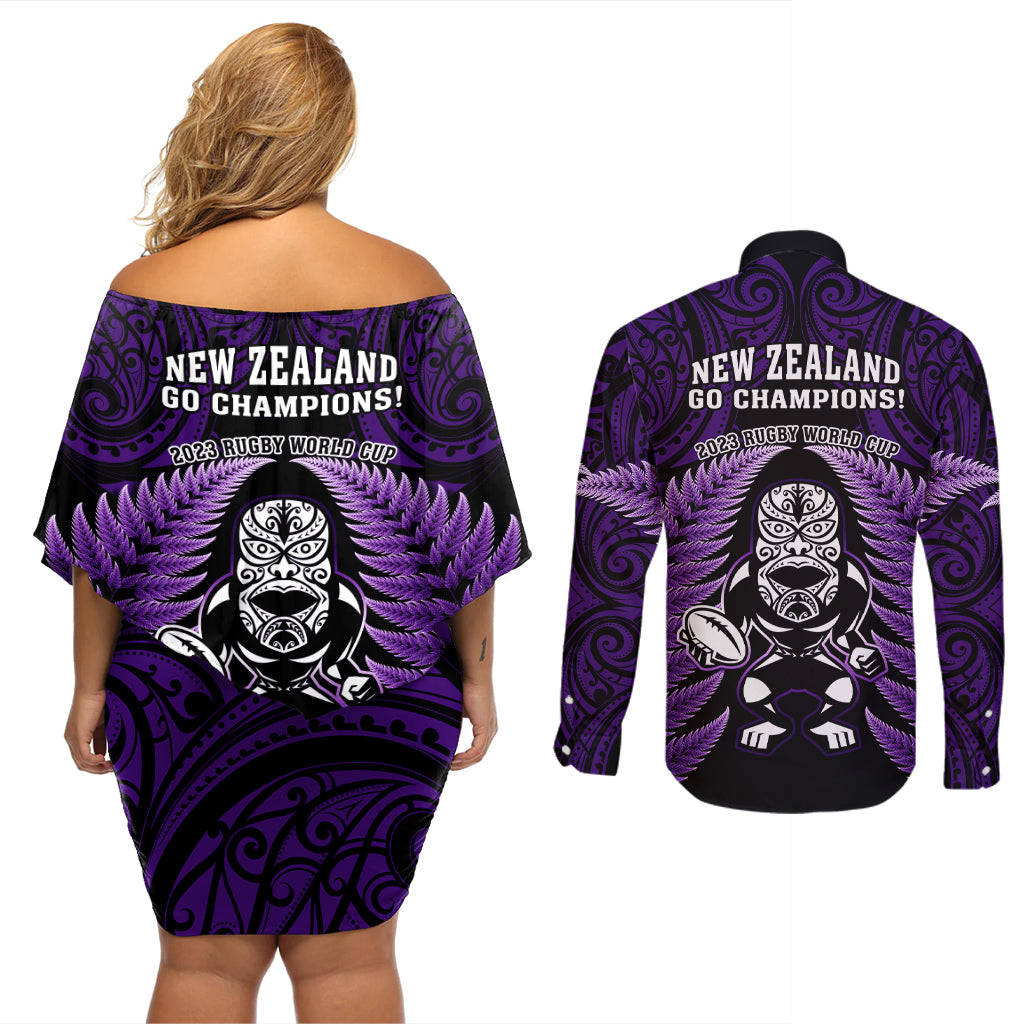 New Zealand Aotearoa Rugby Couples Matching Off Shoulder Short Dress and Long Sleeve Button Shirts NZ Tiki With Maori Fern World Cup Purple Version - Wonder Print Shop