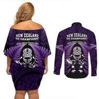 New Zealand Aotearoa Rugby Couples Matching Off Shoulder Short Dress and Long Sleeve Button Shirts NZ Tiki With Maori Fern World Cup Purple Version - Wonder Print Shop
