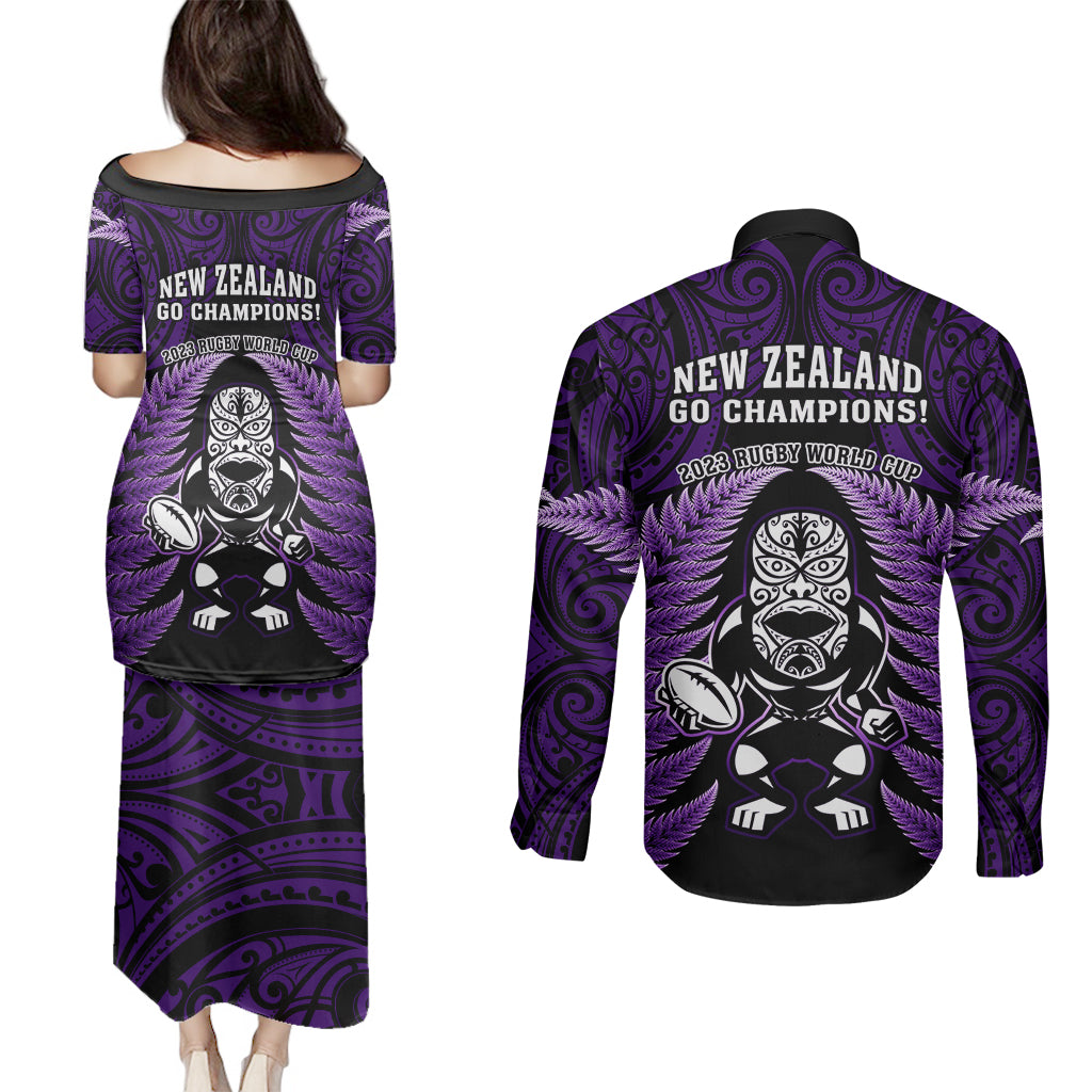 New Zealand Aotearoa Rugby Couples Matching Puletasi Dress and Long Sleeve Button Shirts NZ Tiki With Maori Fern World Cup Purple Version - Wonder Print Shop
