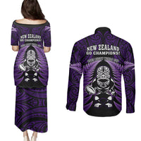 New Zealand Aotearoa Rugby Couples Matching Puletasi Dress and Long Sleeve Button Shirts NZ Tiki With Maori Fern World Cup Purple Version - Wonder Print Shop
